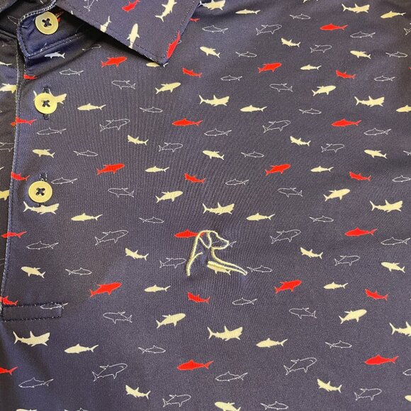 Rhoback Golf Polo Shirt Men's XL All Over Shark Print Navy Blue AOP Performance - Picture 5 of 11